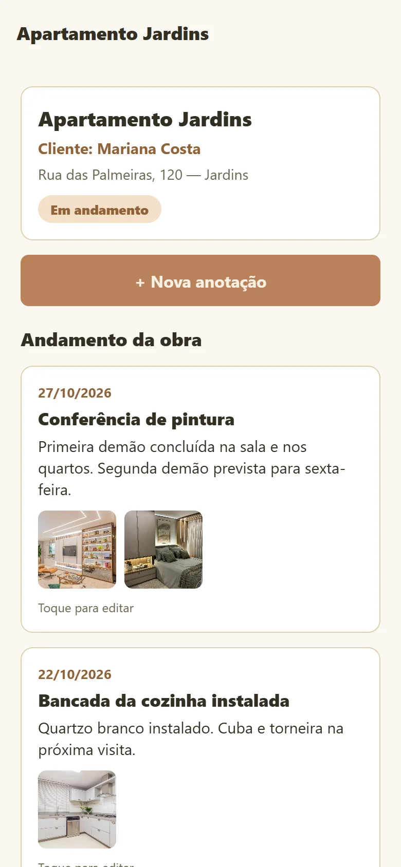 App da arquiteta: anotações de visita da obra com fotos e o botão Nova anotação