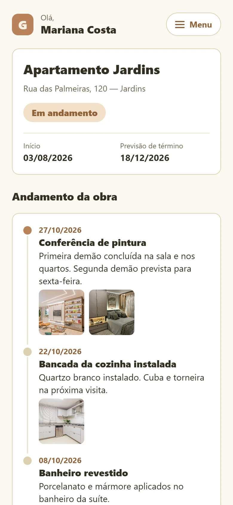 App do cliente no celular: andamento da obra com fotos de cada visita