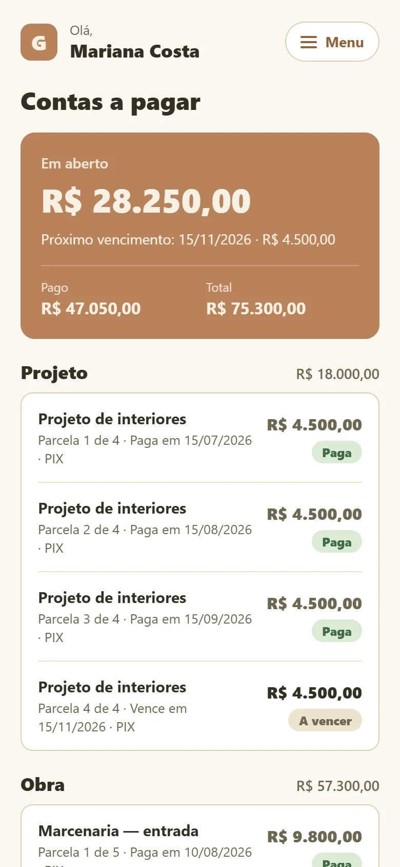 App do cliente: contas a pagar com parcelas pagas e a vencer